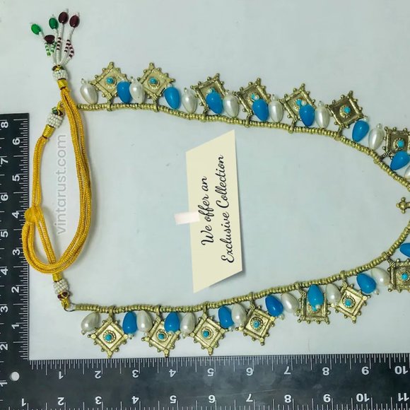 Tribal Jewelry Set With Pearls And Golden Big Motif, Turquoise Beaded Necklace - Picture 8 of 10